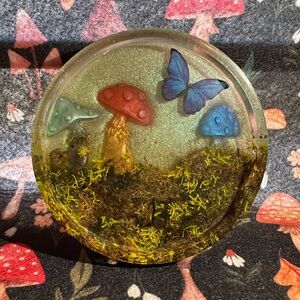 Mushroom and Butterfly Resin Art Coaster